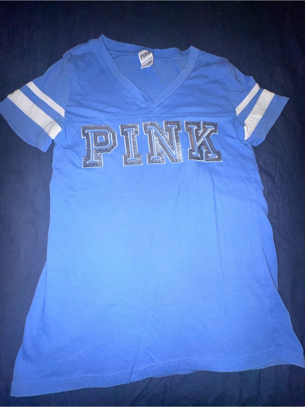 PINK Victoria's Secret Light Blue V‑Neck Varsity Tee with White Stripes